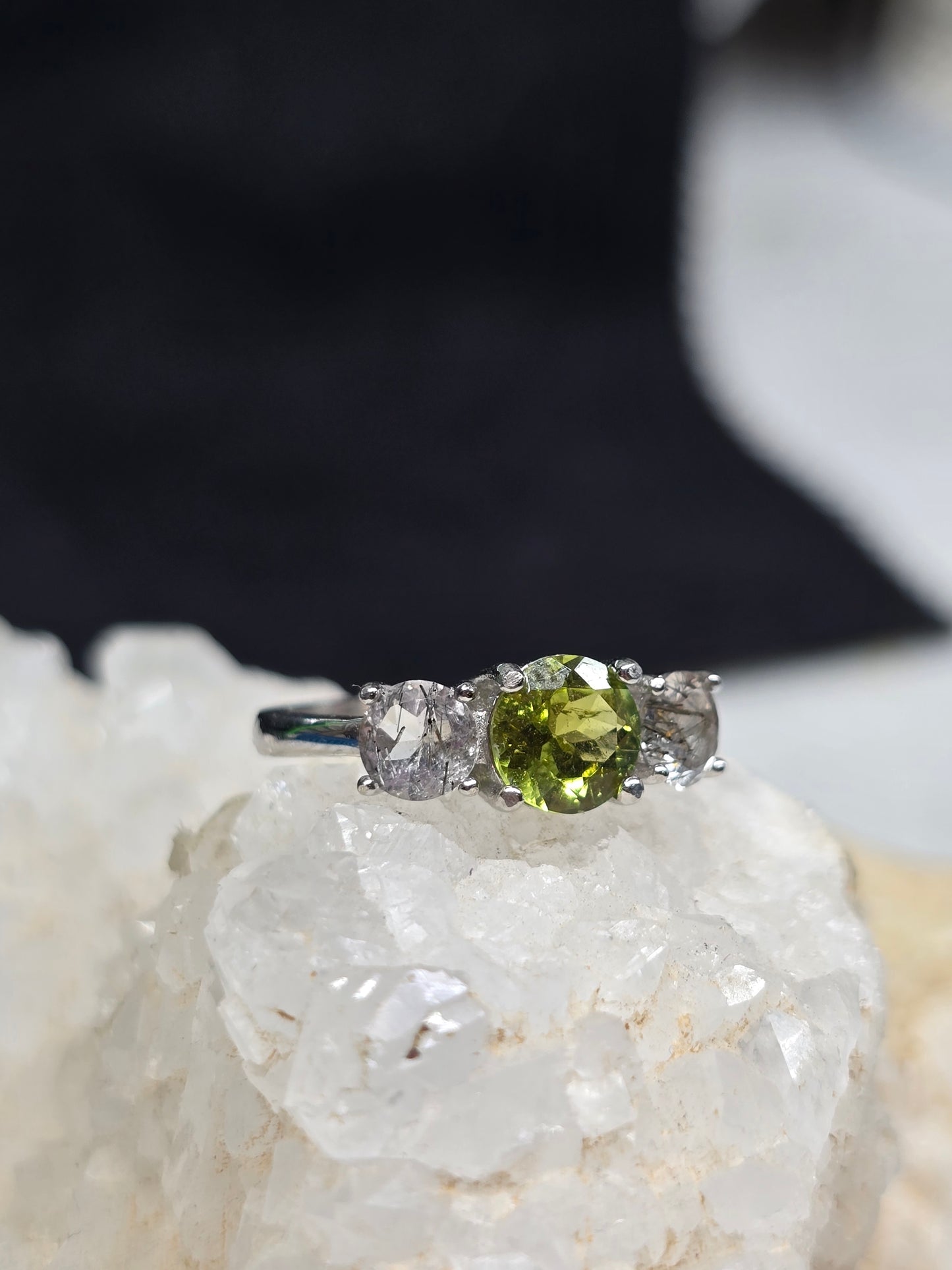 Size 6 bi-color green tourmaline and black rutile quartz