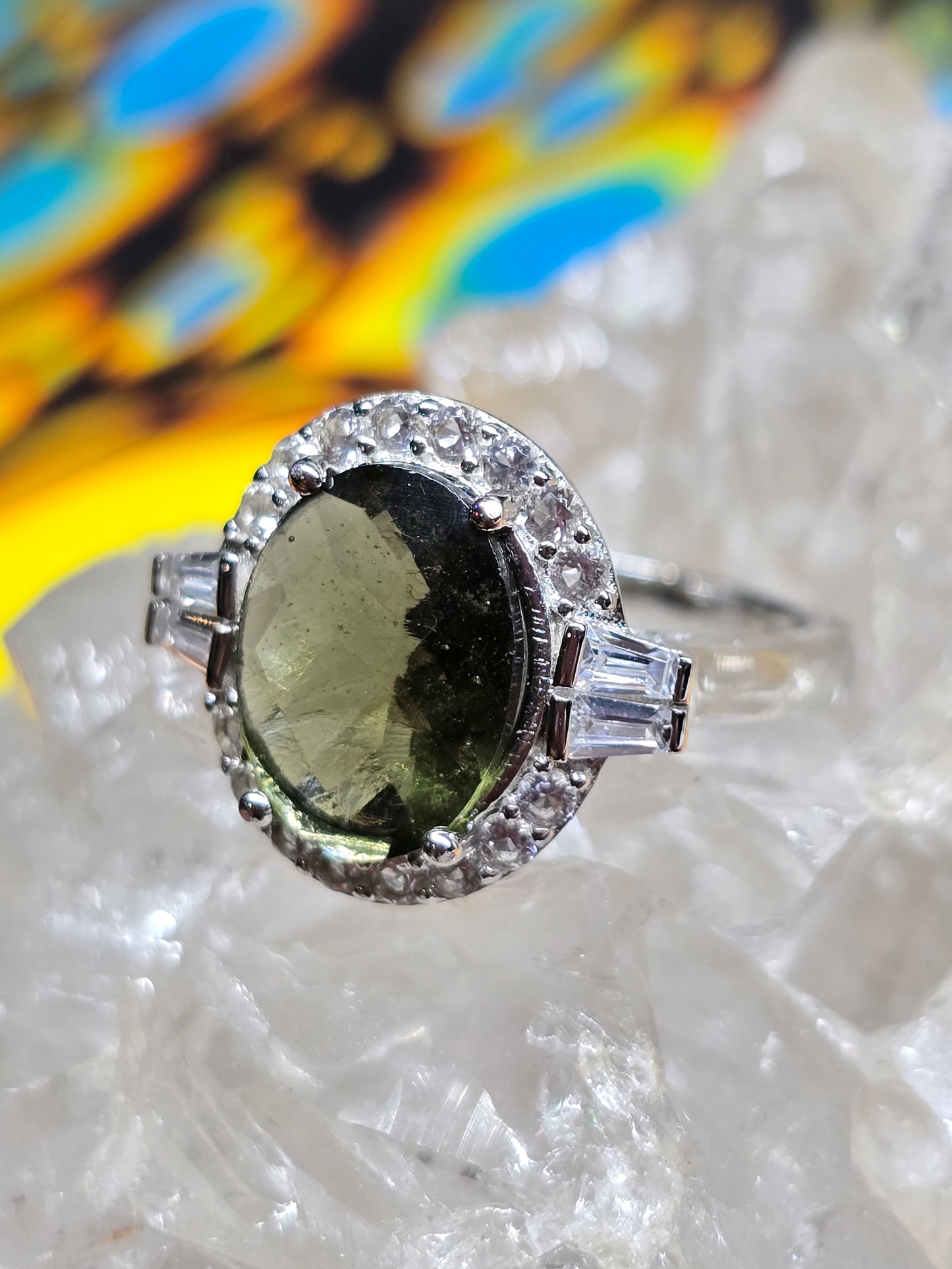 Moldavite and white topaz size 8