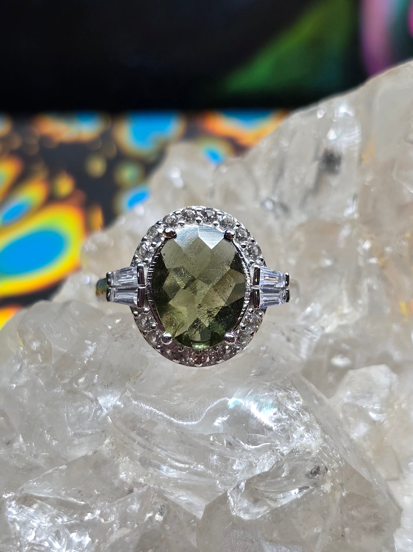 Moldavite and white topaz size 8