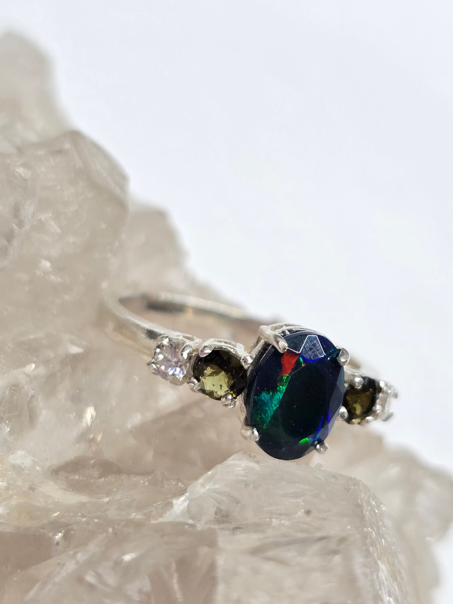 Black opal, moissanite, and moldavite size 12