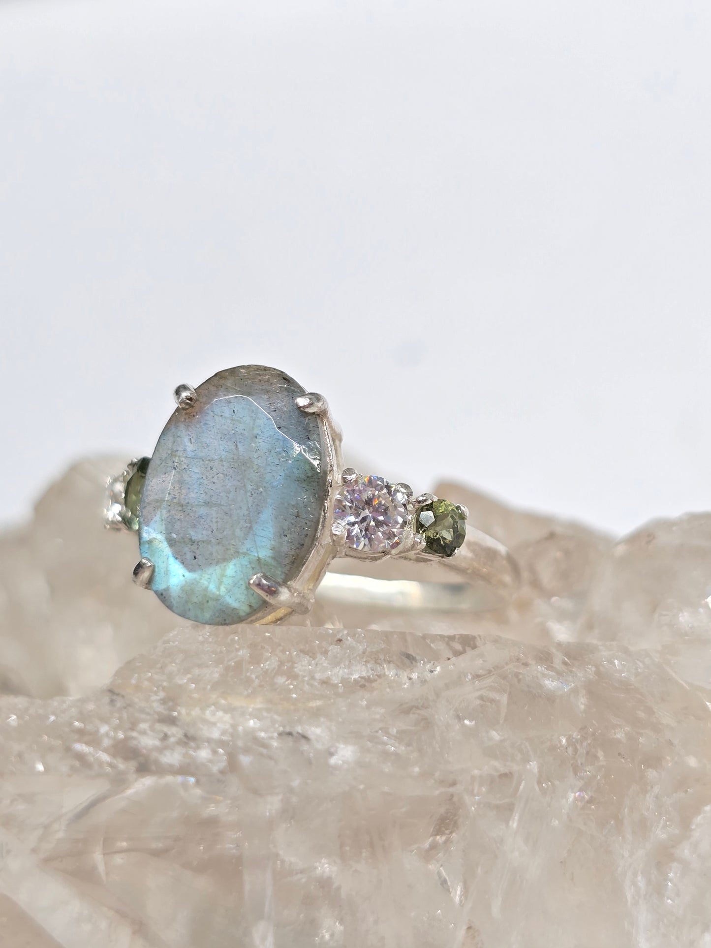 Labradorite, moldavite and moissanite size 9