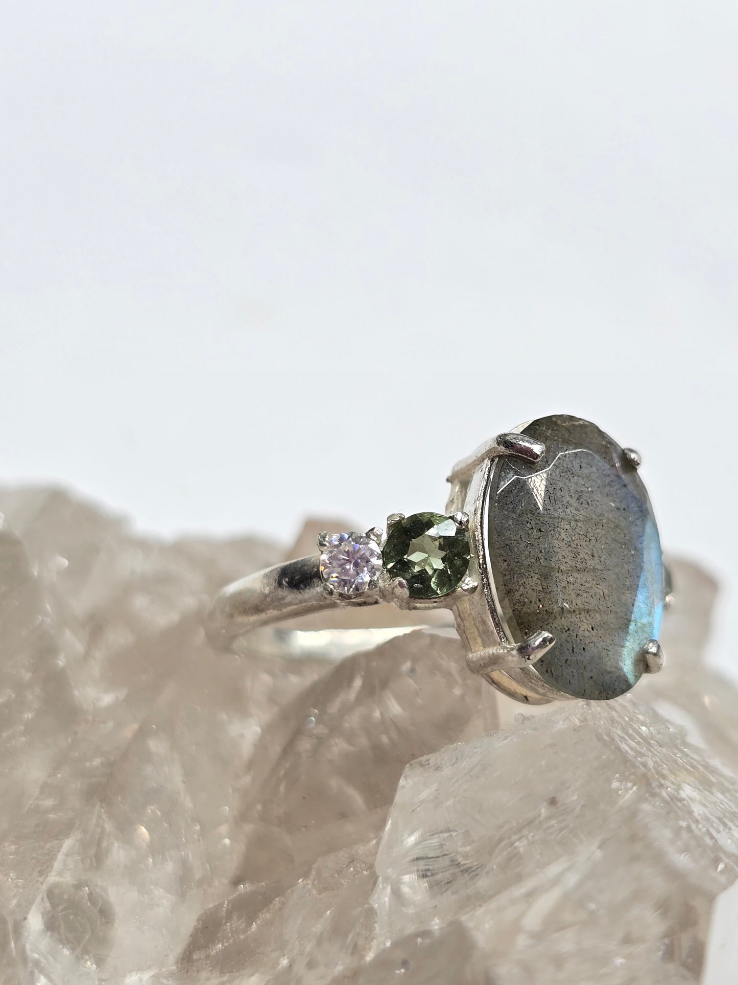 Labradorite, moldavite and moissanite size 9