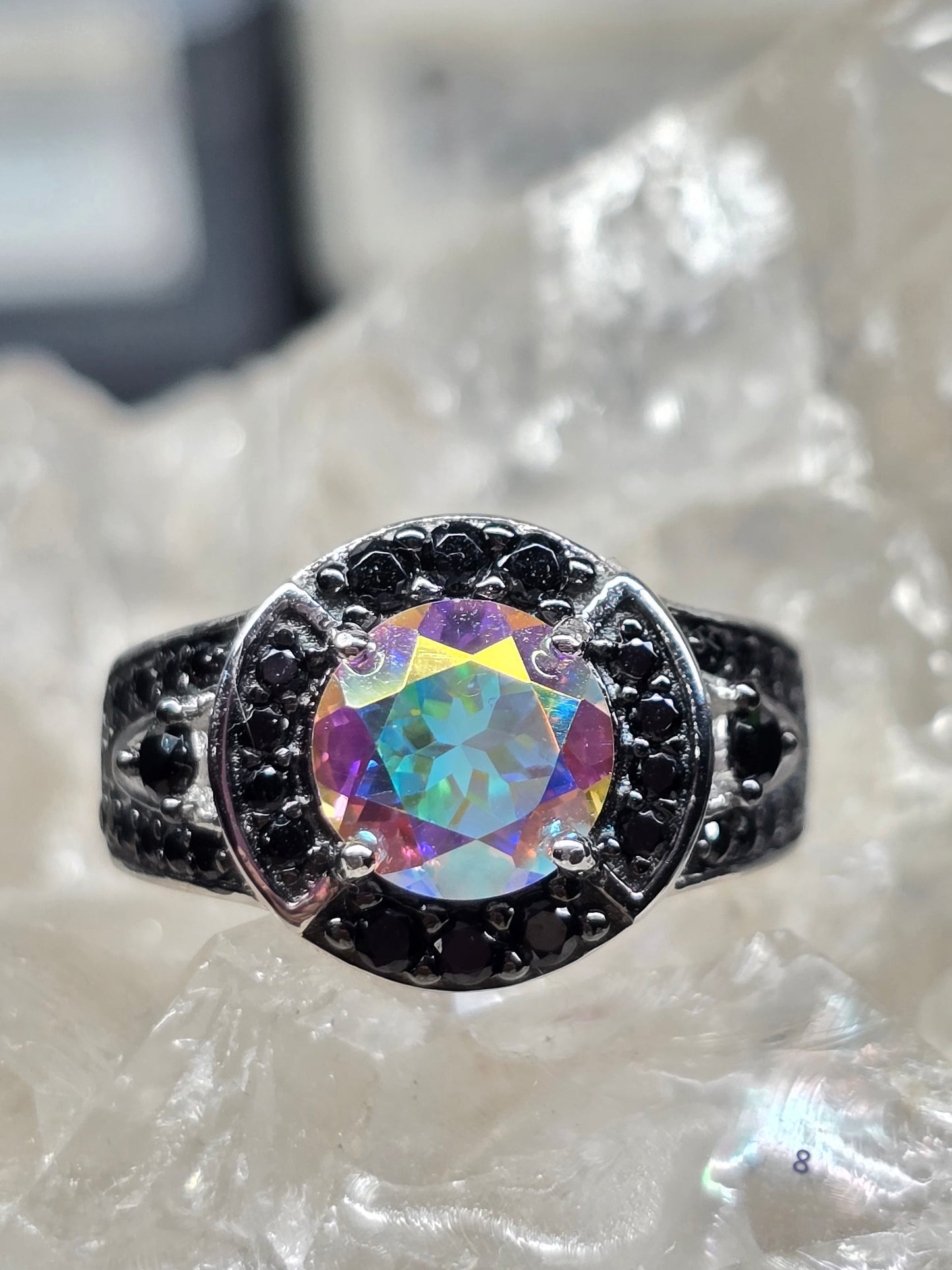 Size 8 mercury mist topaz and black spinel