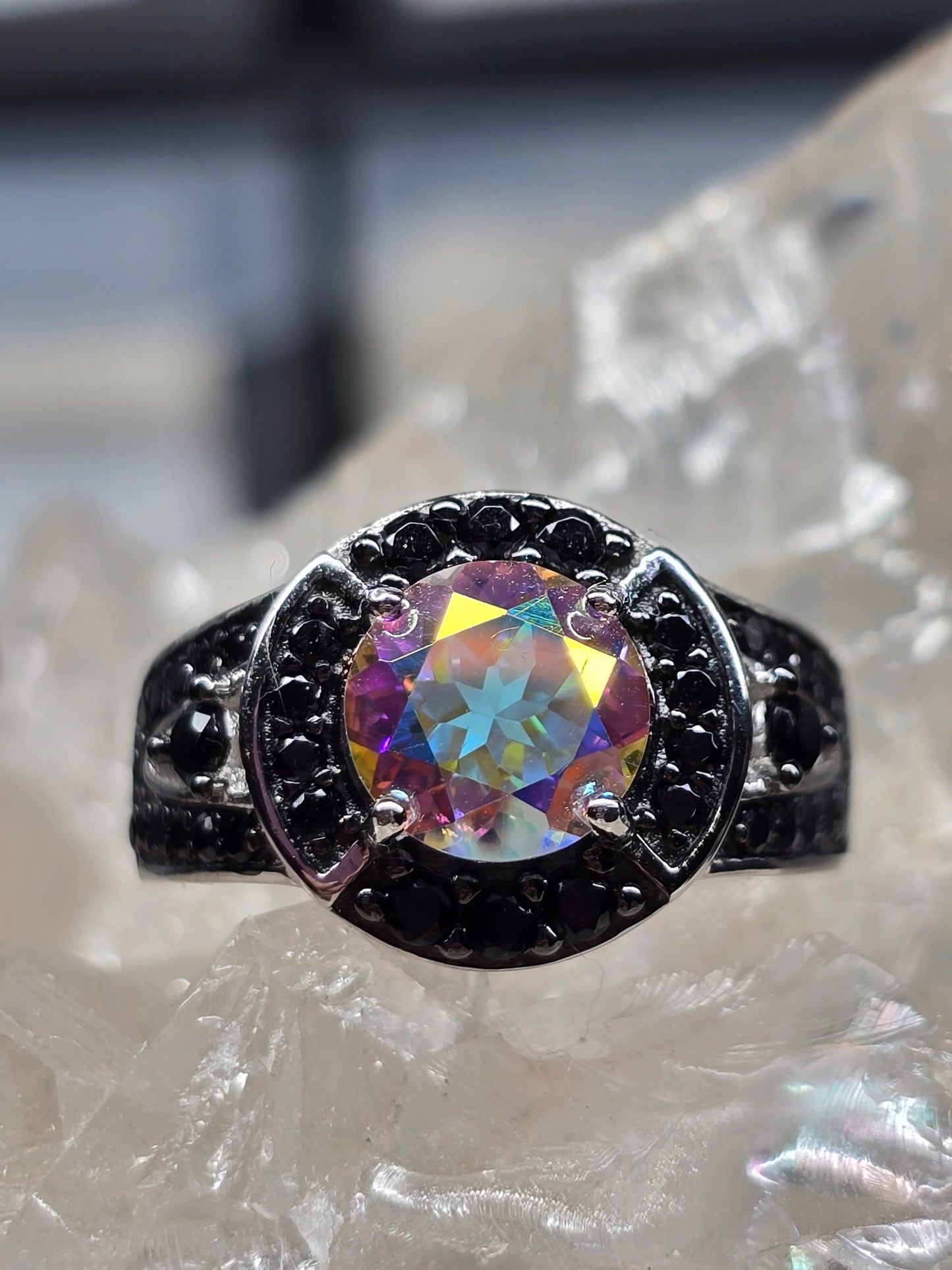 Size 8 mercury mist topaz and black spinel