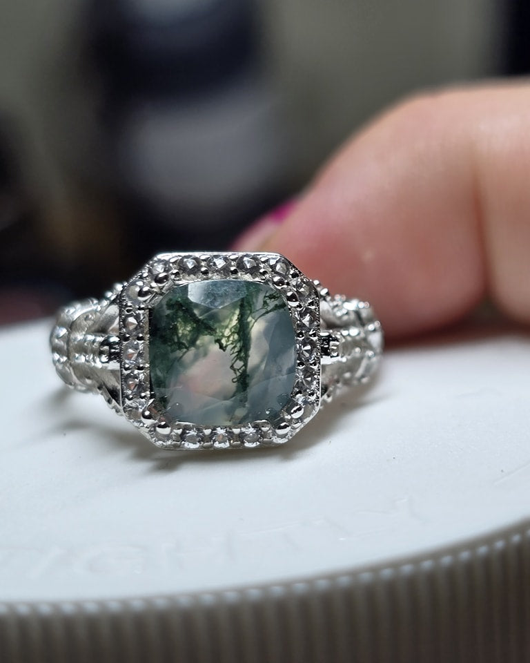 Moss agate princess ring