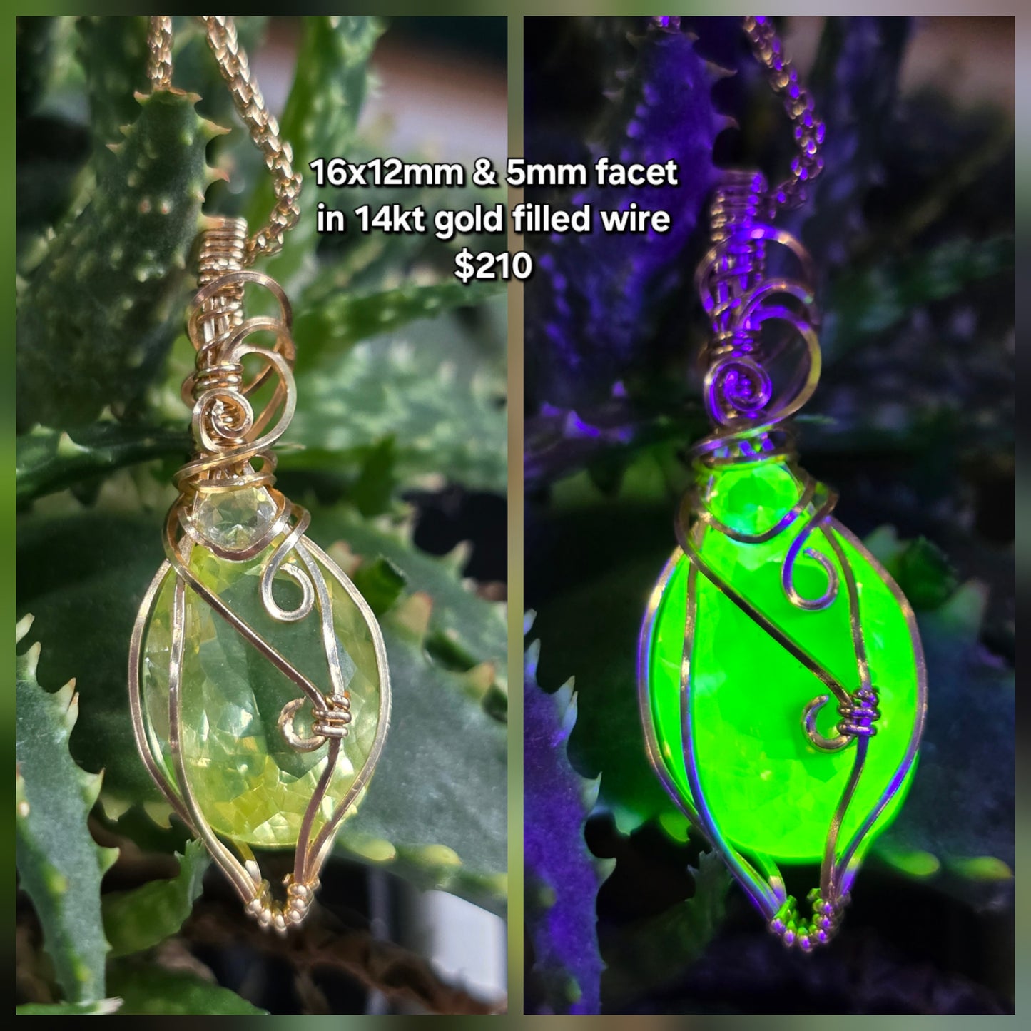 Uranium glass wrapped in 14kt gold filled wire