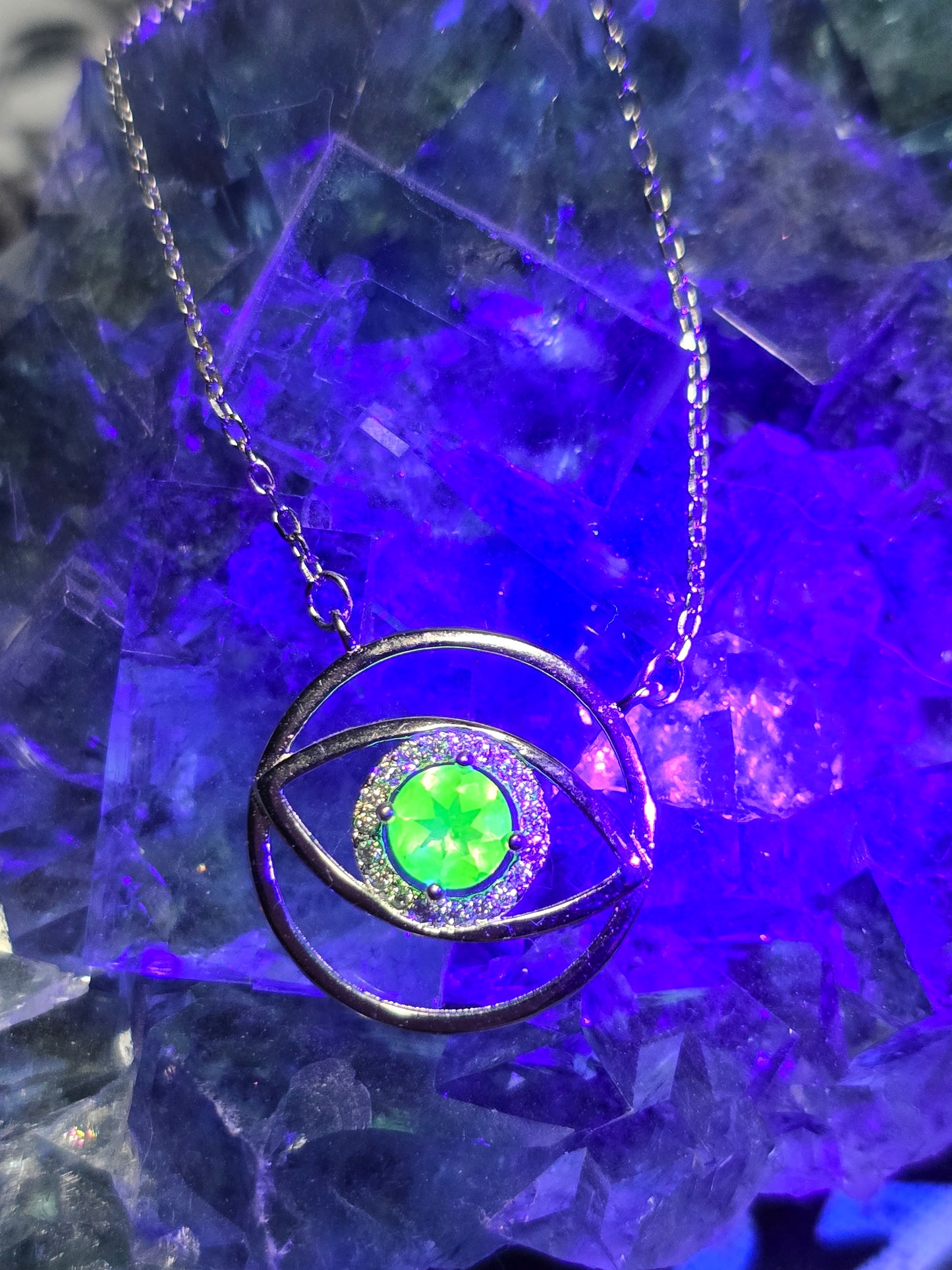 Uranium glass evil eye pendant