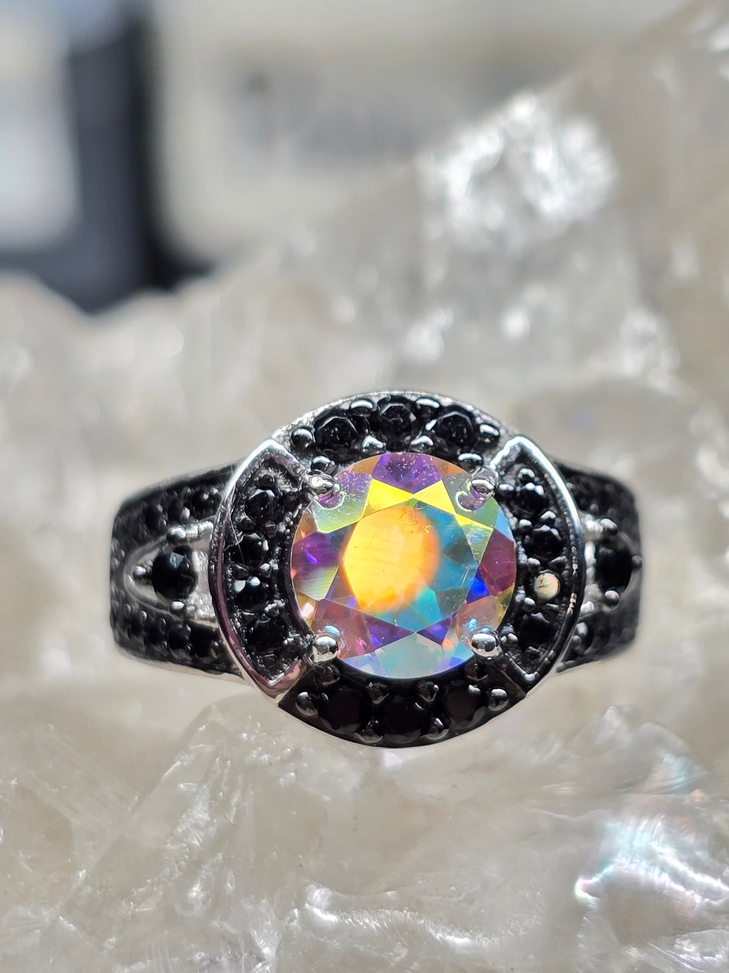 Size 8 mercury mist topaz and black spinel