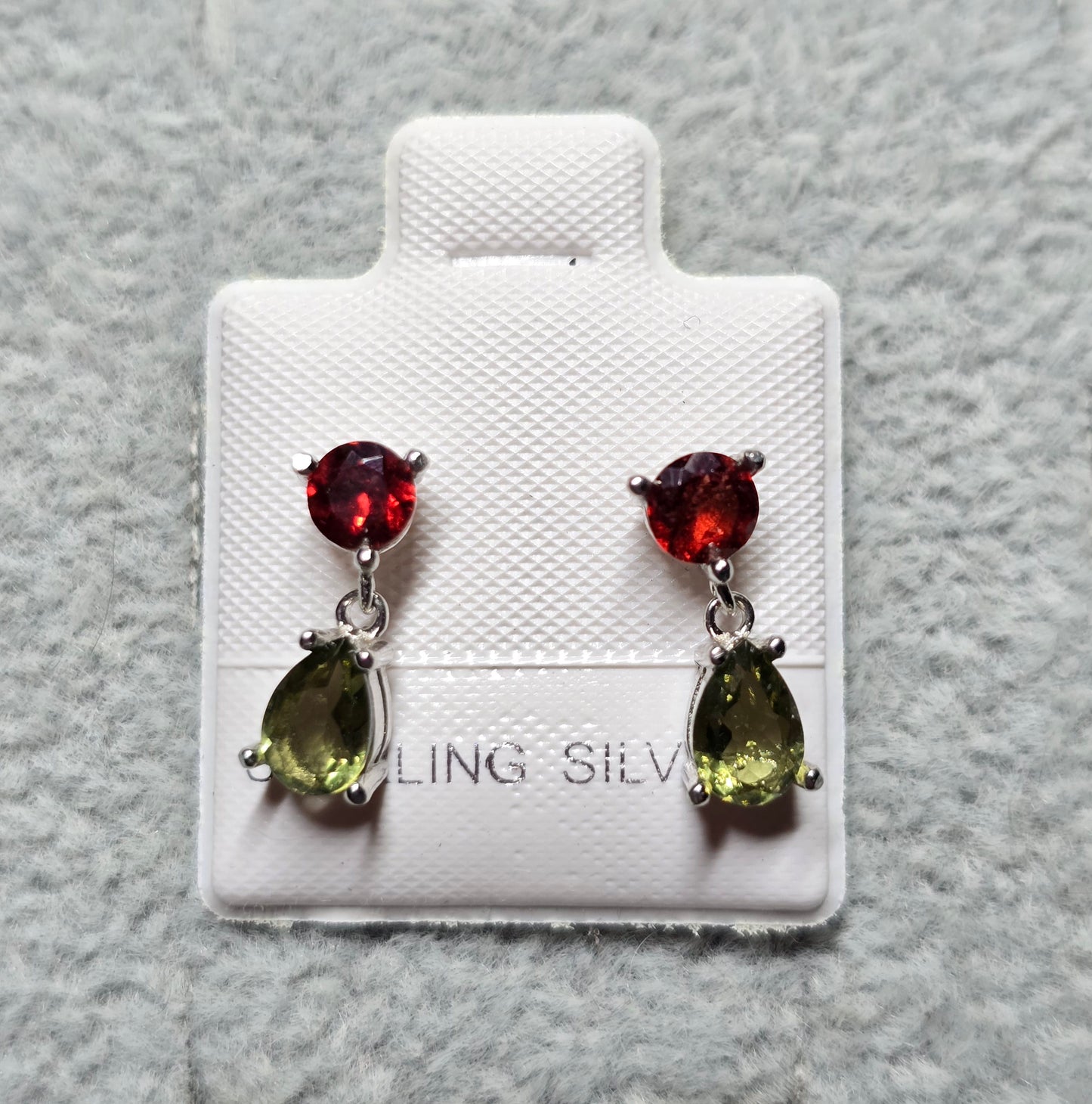 Garnet and moldavite drop earrings